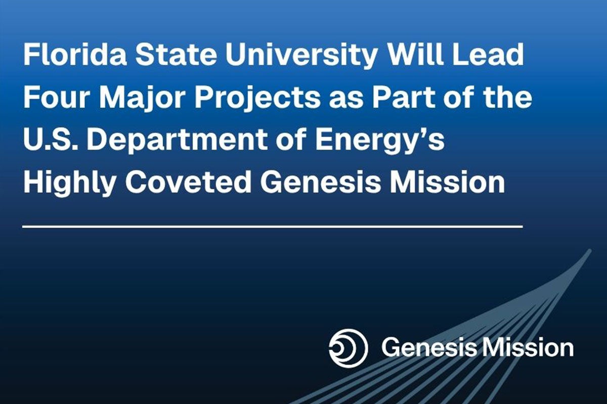 Blue background with text that reads Florida State University Will Lead Four Major Projects as Part of the U.S. Department of Energy's Highly Coveted Genesis Mission with the Genesis Mission logo